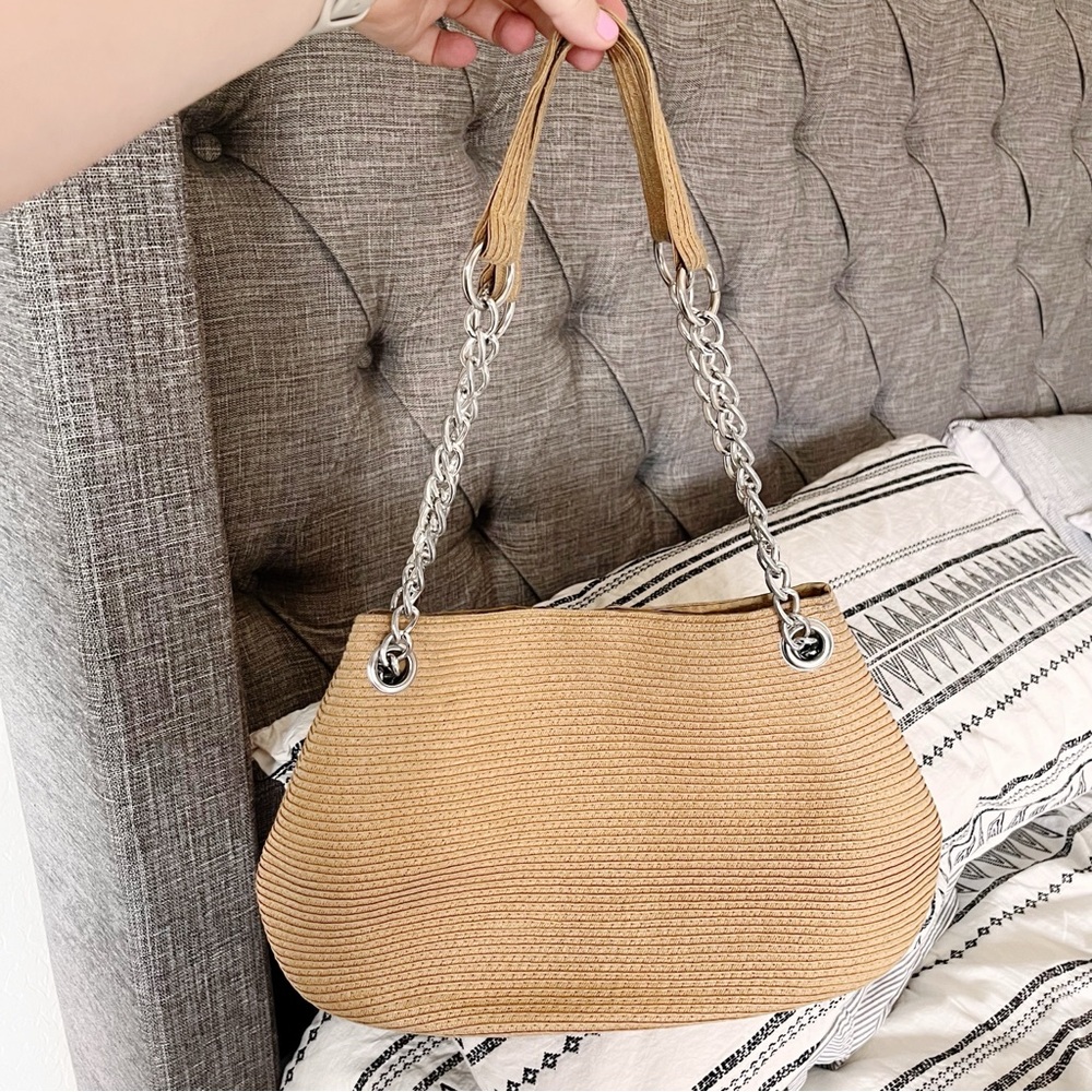Magid Tan Woven Paper Straw Women Handbag Bag Purse Metal Drop handle